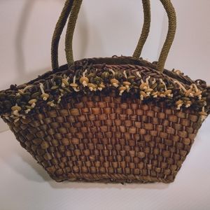 Unbranded brown woven straw handbag with green, brown, tan button trim